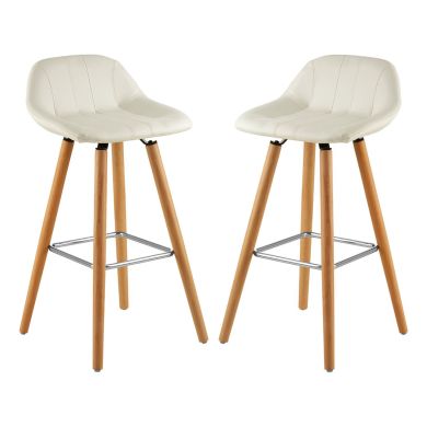 Stockholm White Faux Leather Bar Stools With Beechwood Legs In Pair