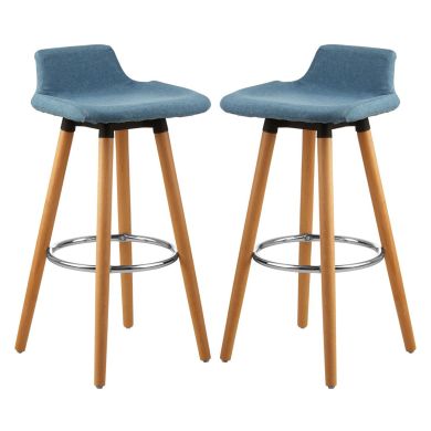 Stockholm Blue Faux Linen Bar Stools With Beechwood Legs In Pair