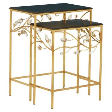 Yaxi Set Of 2 Wooden Side Tables In Black With Gold Metal Frame