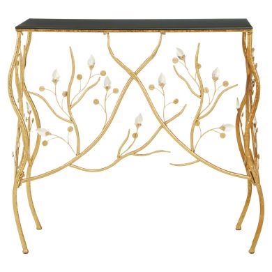 Yaxi Rectangular Wooden Console Table In Black With Gold Frame