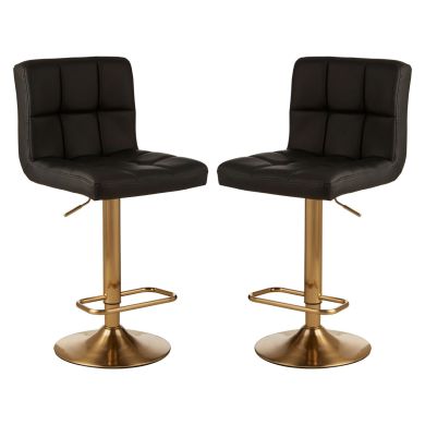 Baina Faux Leather Seat Bar Stool In Black With Gold Base In Pair