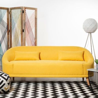 Hanae Linen Fabric 3 Seater Sofa In Yellow With Rubberwood Legs