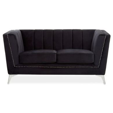 Haldis Velvet 2 Seater Sofa In Black With Chrome Metal Legs
