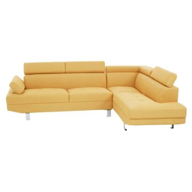 Haimi Linen Fabric Corner Sofa In Ochre With Chrome Metal Legs