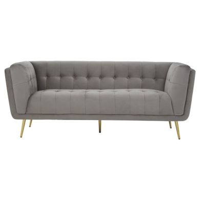 Halston Velvet 3 Seater Sofa In Grey With Gold Slanted Metal Legs