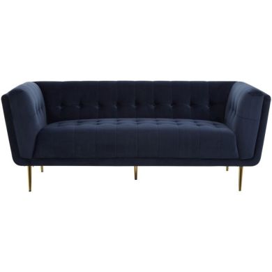 Halston Velvet 3 Seater Sofa In Blue With Gold Slanted Metal Legs
