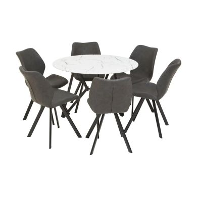 Weston Round Dining Table In Marble Effect With 6 Grey Chairs