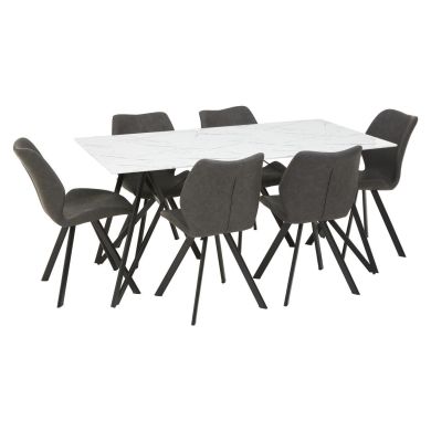 Weston Glass Top Dining Table In White With 6 Grey Leather Chairs