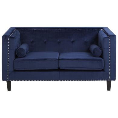Fauna Velvet 2 Seater Sofa In Midnight Blue With Black Wooden Legs