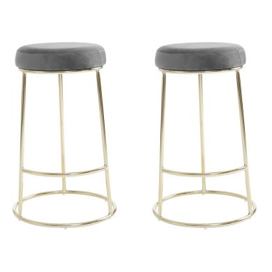 Manhattan Velvet Bar Stools In Grey With Metal Frame In Pair