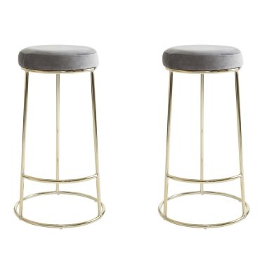 Manhattan Tall Velvet Bar Stools In Grey With Metal Frame In Pair