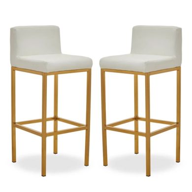 Bolney White Faux Leather Bar Chairs With Gold Metal Base In Pair