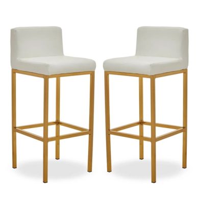 Bolney White Faux Leather Bar Chairs With Gold Metal Base In Pair