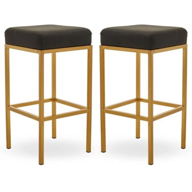 Bolney Black Faux Leather Bar Stools With Gold Metal Base In Pair