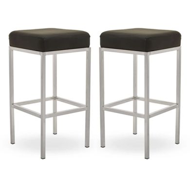 Bolney Black Faux Leather Bar Stools With Chrome Metal Base In Pair