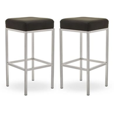 Bolney Black Faux Leather Bar Stools With Chrome Metal Base In Pair