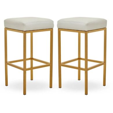 Bolney White Faux Leather Bar Stools With Gold Metal Base In Pair