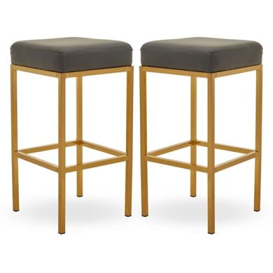Bolney Grey Faux Leather Bar Stools With Gold Metal Base In Pair