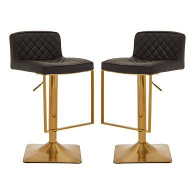Baian Black Leather Effect Bar Stools With Gold Base In Pair