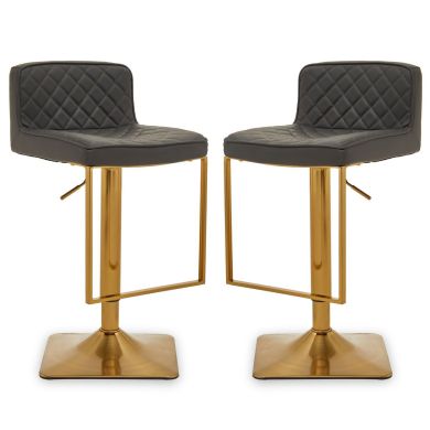 Baian Dark Grey Leather Effect Bar Stools With Gold Base In Pair