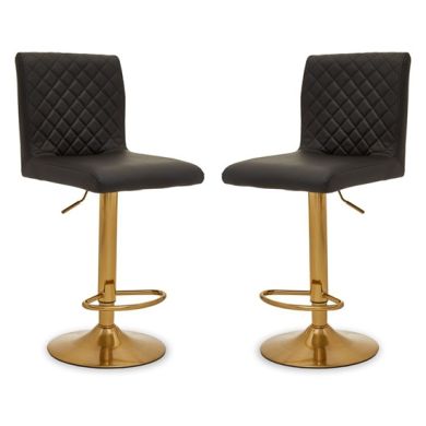 Bowburn Gas-lift Black Faux Leather Bar Stools With Gold Base In Pair