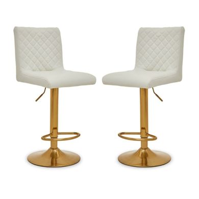 Bowburn Gas-lift White Faux Leather Bar Stools With Gold Base In Pair