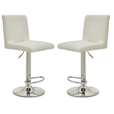 Bowburn Gas-lift White Faux Leather Bar Stools With Chrome Base In Pair
