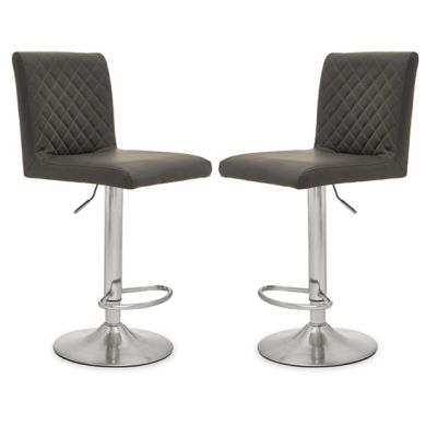 Bowburn Gas-lift Dark Grey Faux Leather Bar Stools With Chrome Base In Pair