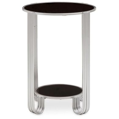 Jolie Round Mirrored End Table In Black With Silver Frame