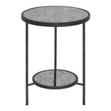 Xania Round Two Tier Antique Mirrored Glass Side Table In Monochrome Hues