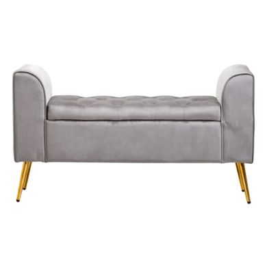 Loretta Velvet Storage Seating Bench In Grey With Gold Finish Legs