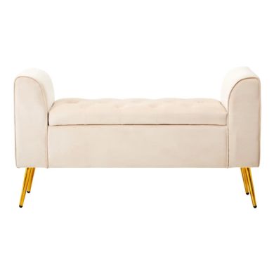 Loretta Velvet Storage Seating Bench In Stone With Gold Finish Legs