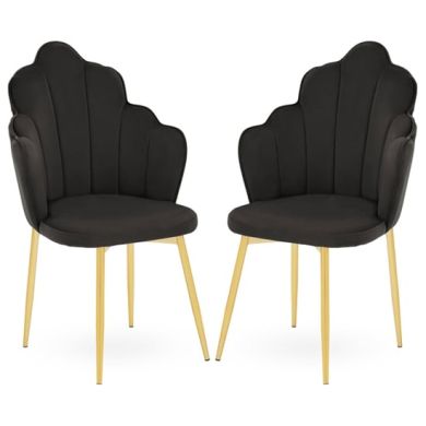 Tian Black Velvet Dining Chairs With Gold Metal Legs In Pair