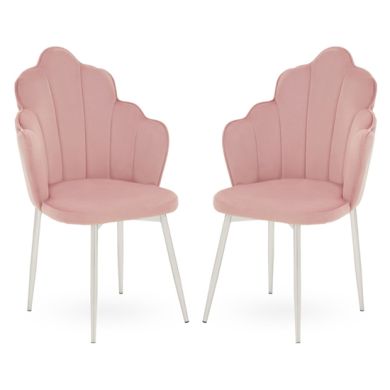 Tian Pink Velvet Dining Chairs With Chrome Metal Legs In Pair