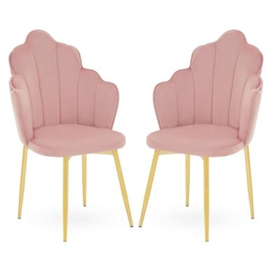 Tian Pink Velvet Dining Chairs With Gold Metal Legs In Pair