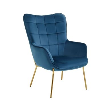 Stockholm Velvet Armchair In Blue With Gold Metal Legs
