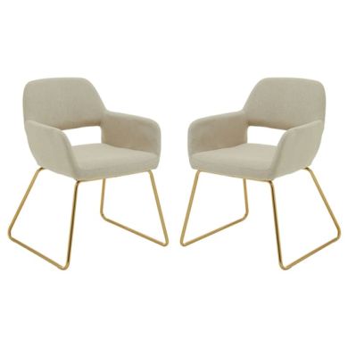 Stockholm Natural Fabric Dining Chairs With Gold Metal Legs In Pair