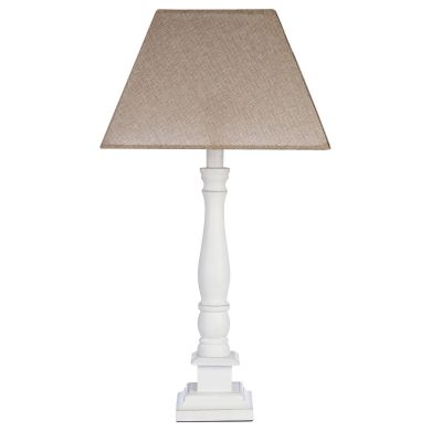 Maine Beige Fabric Shade Table Lamp With White Candlestick Wooden Base