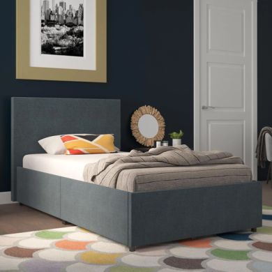 Kelly Linen Fabric Single Bed With 2 Drawers In Navy
