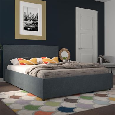 Kelly Linen Fabric King Size Bed With 4 Drawers In Navy