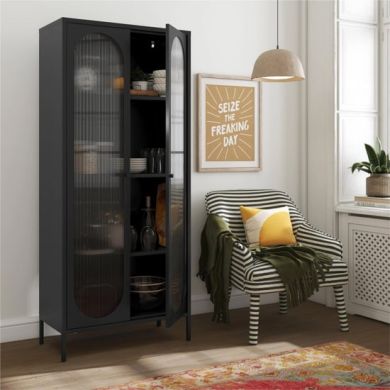 Luna Tall Metal Storage Cabinet With 2 Fluted Glass Doors In Black