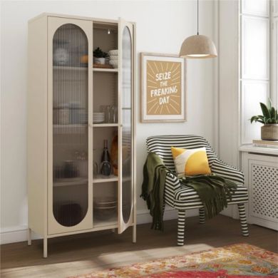 Luna Tall Metal Storage Cabinet With 2 Fluted Glass Doors In Parchment