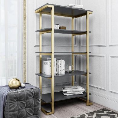Camila Wooden Bookcase In Graphite Grey With Gold Metal Frame