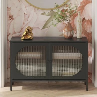 Wide Luna Metal Storage Cabinet With 2 Fluted Glass Doors In Black