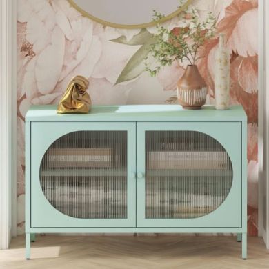 Wide Luna Metal Storage Cabinet With 2 Fluted Glass Doors In Sky Blue