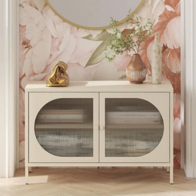 Wide Luna Metal Storage Cabinet With 2 Fluted Glass Doors In Parchment