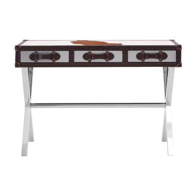 Konsek Cowhide Leather Wooden Slim Console Table In Brown And White