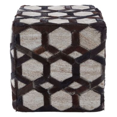 Safira Genuine Leather Patchwork Pouffe In Dark Brown