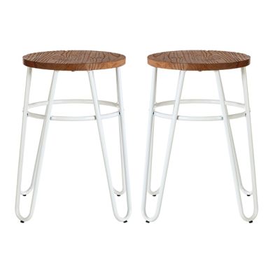 District Wooden Hairpin Stools With White Metal Legs In Pair