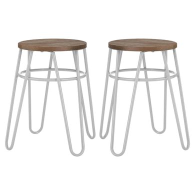 District Wooden Hairpin Stools With Grey Metal Legs In Pair